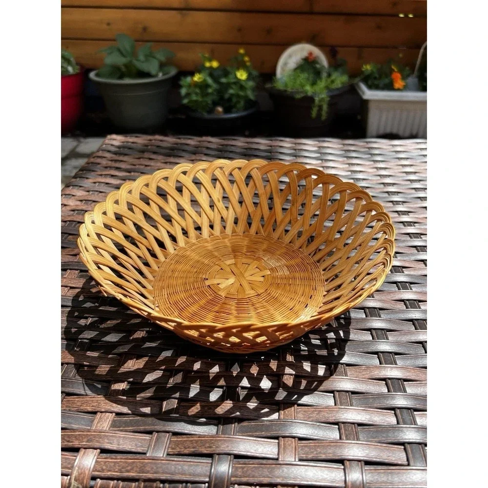 Vintage Boho Woven Wicker Bread Basket Round Open Weave Rattan 9